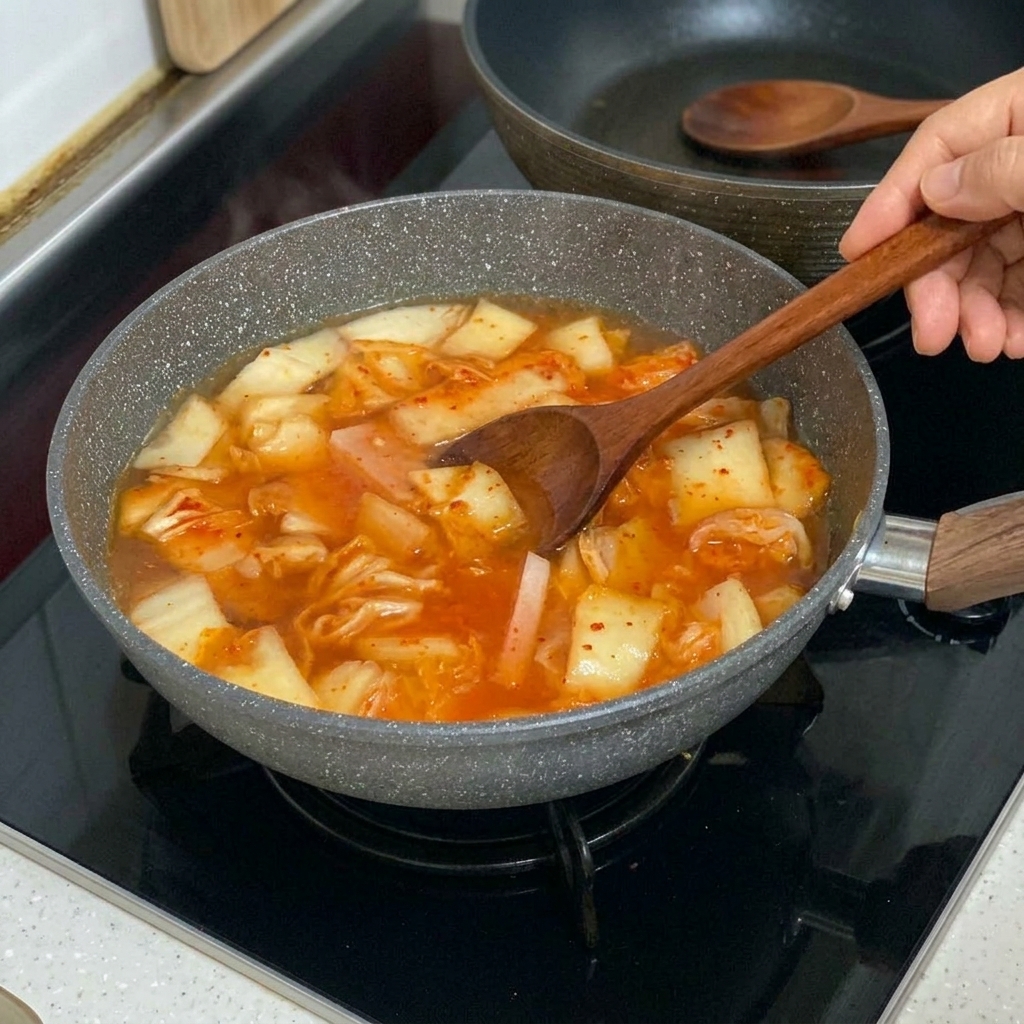 グツグツ煮立つ赤いキムチチゲに白い豆腐を慎重に入れている様子。