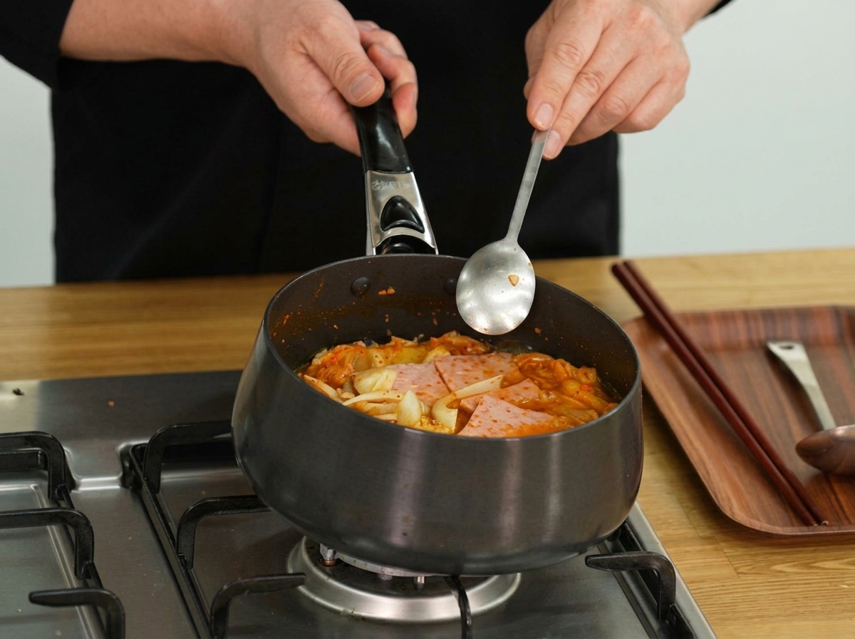 調味料と乾燥エビを加えている様子。