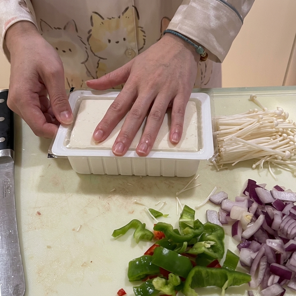 パッケージの四隅を切って、絹ごし豆腐を容器から丁寧に取り出している様子。