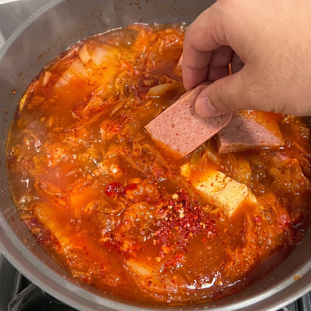 スライスしたスパムと豆腐を鍋に丁寧に加えている様子。