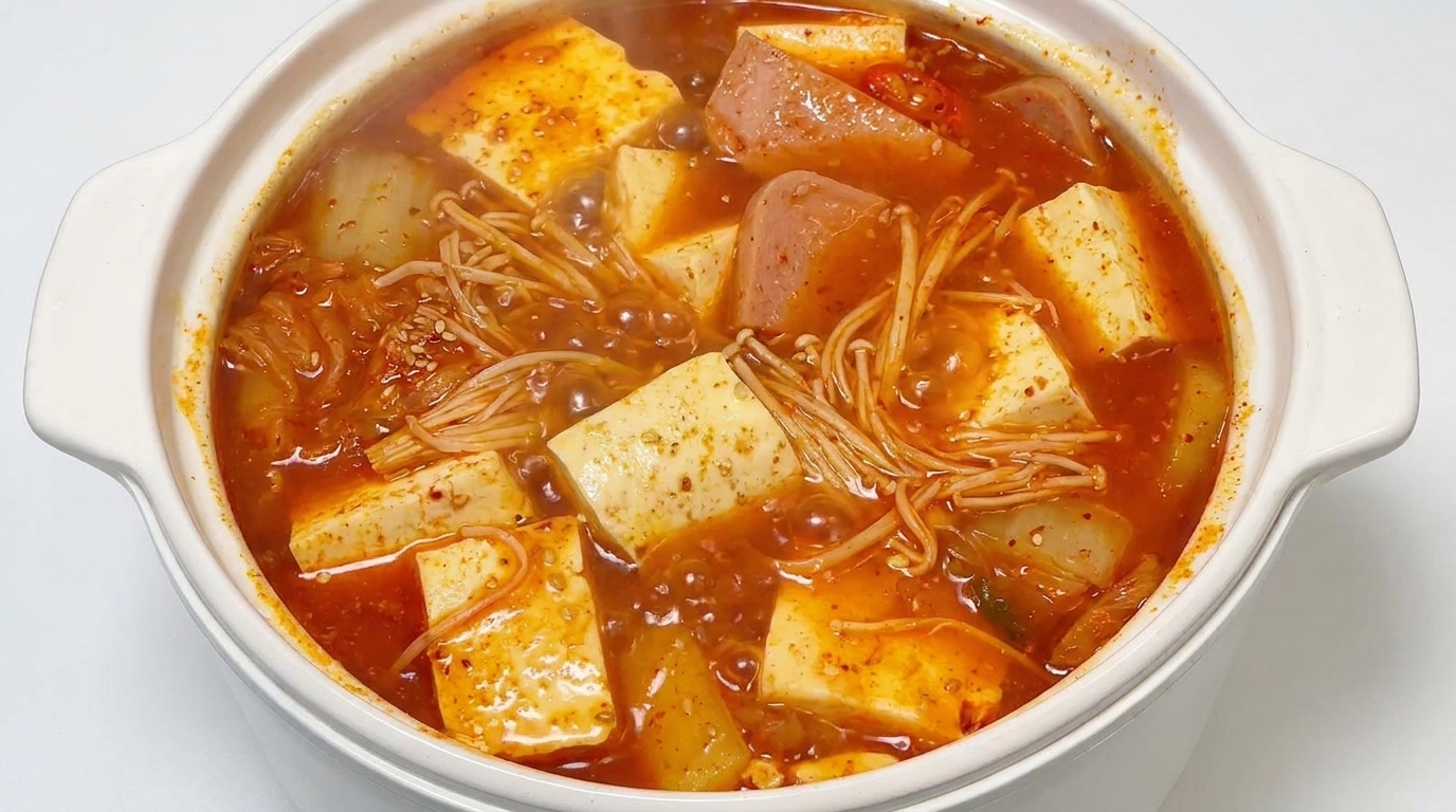 心温まる韓国キムチ豆腐スープ（スパム入りキムチチゲ）