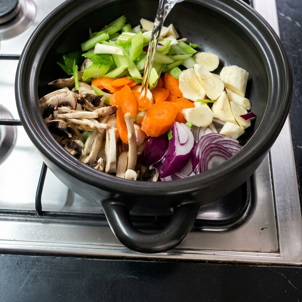 土鍋に入れた野菜に水を注ぎ入れている様子。