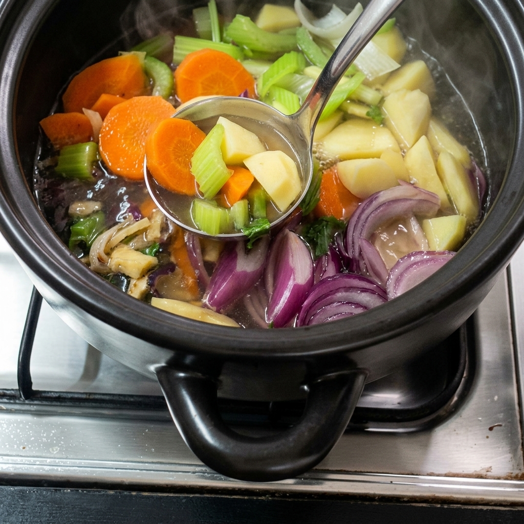 煮立っている野菜スープの上に鯖の切り身をのせている様子。