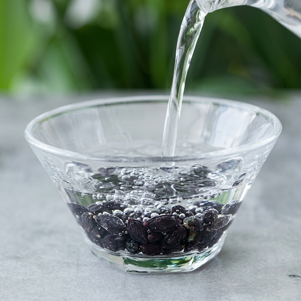 ガラスボウルに入れた乾燥わかめにぬるま湯を注いでいる様子。