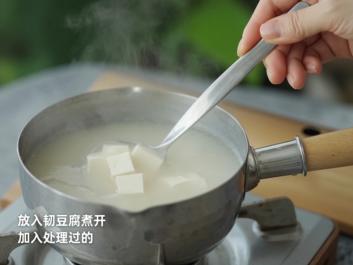 切った豆腐を静かに鍋に入れている様子。