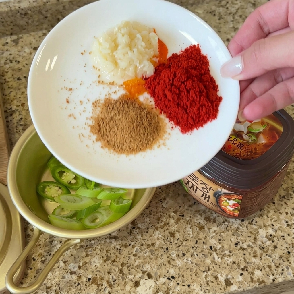 おろしにんにく、粉唐辛子、牛骨だしの素、えごま粉と韓国味噌。