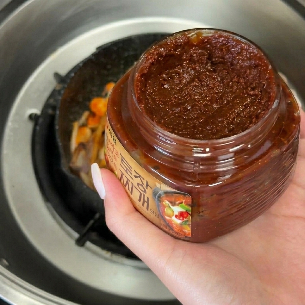 野菜の中にたっぷりの韓国味噌が加えられている様子。