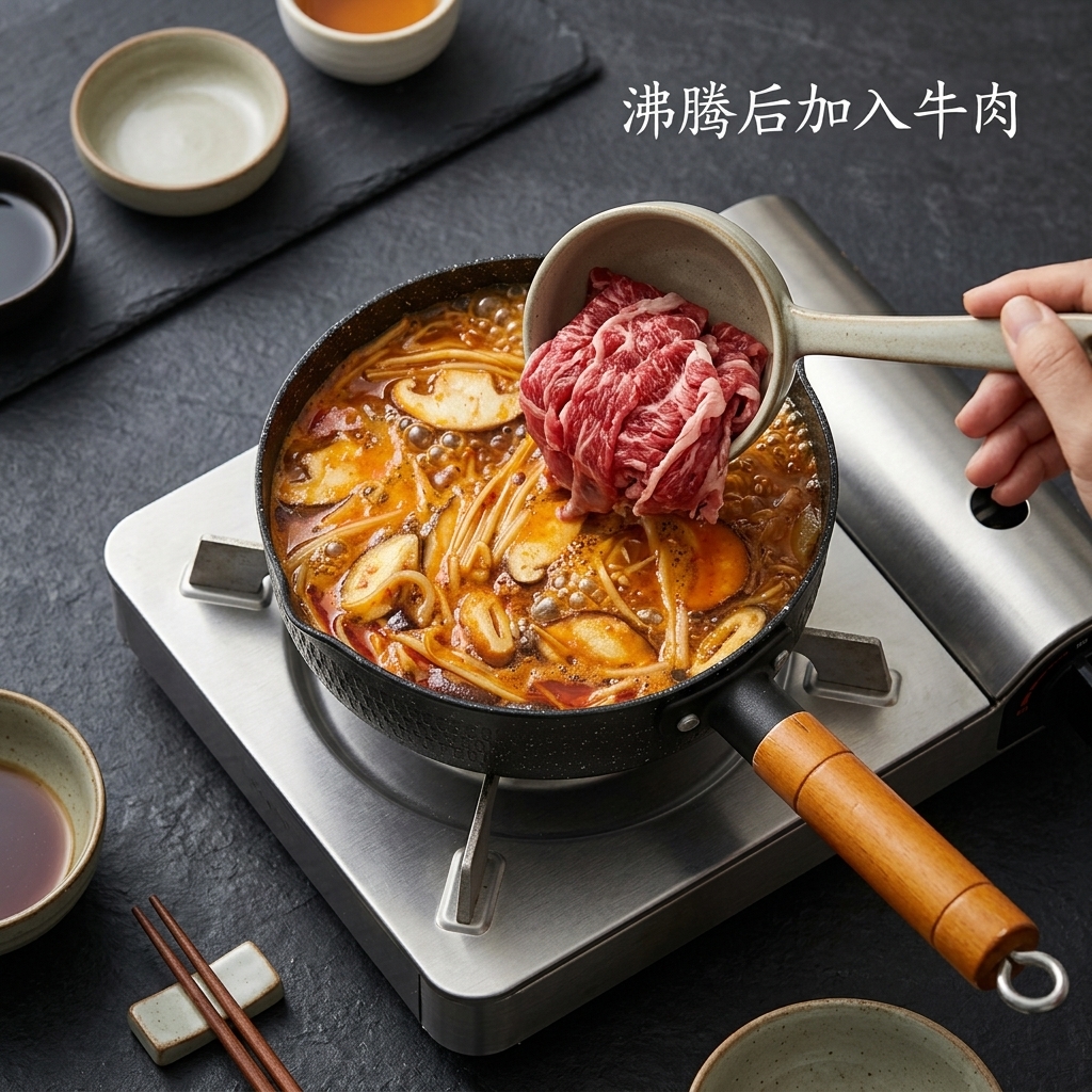 沸騰している赤いスープに薄切り牛肉を入れる様子。