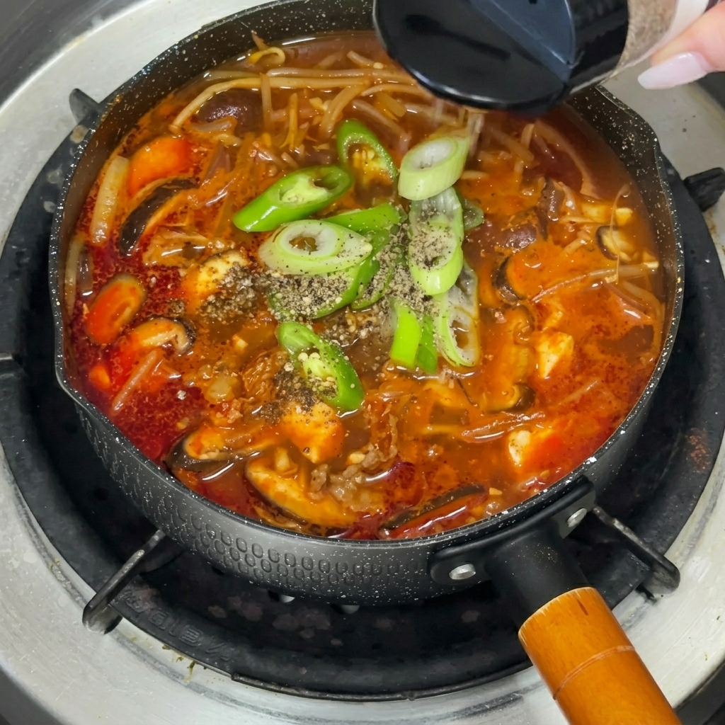 完成したチゲの上にえごま粉をふりかける様子。
