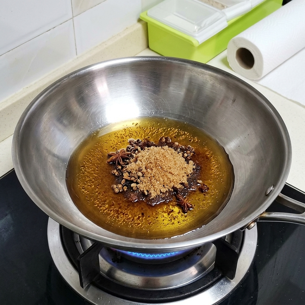 調味料が入った鍋に、切った玉ねぎと青ウリを加えている様子。
