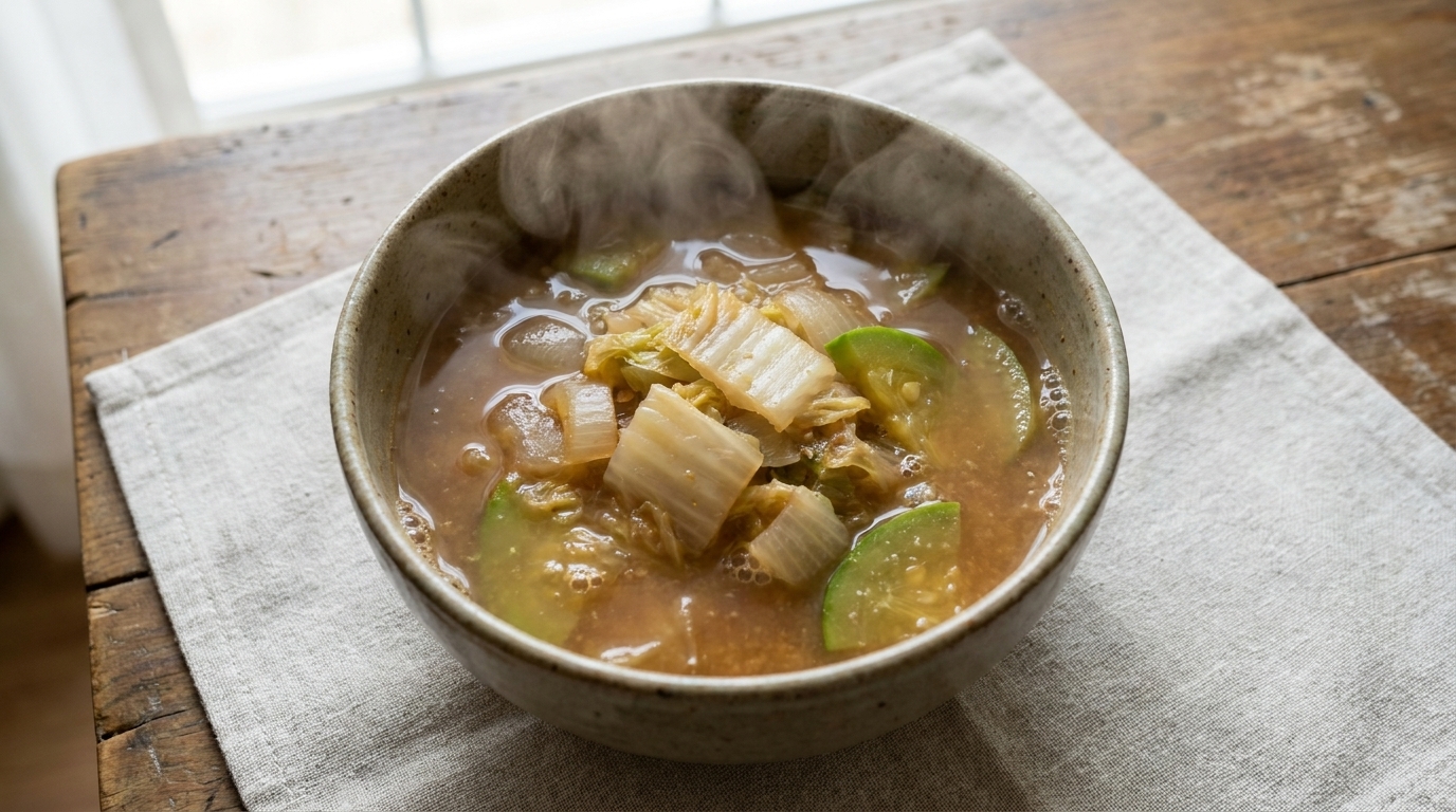 柔らかく煮込まれた野菜がたっぷり入った、湯気の立つ素朴な白菜味噌スープ。