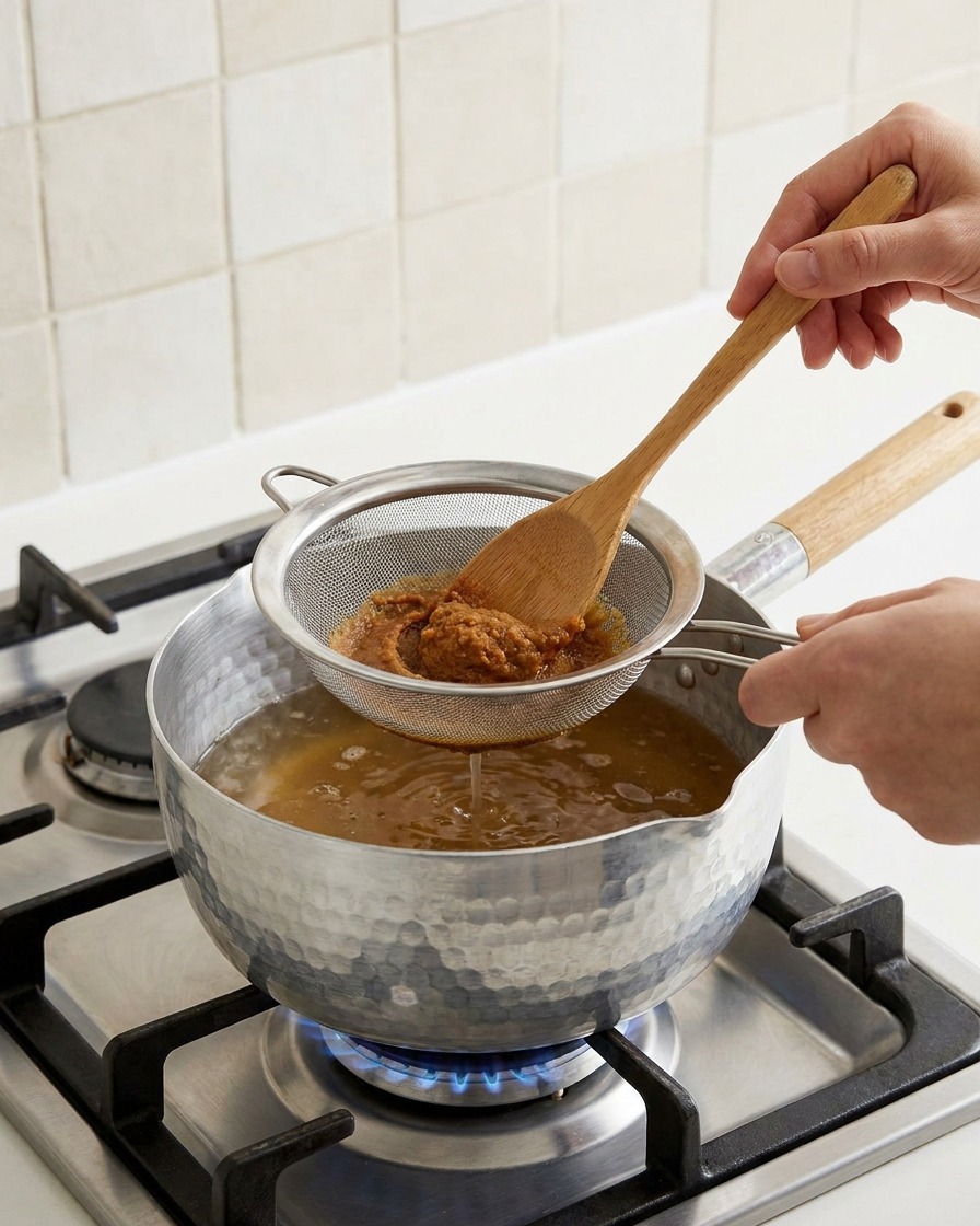 ザルを使って味噌を煮汁に溶かしている様子。