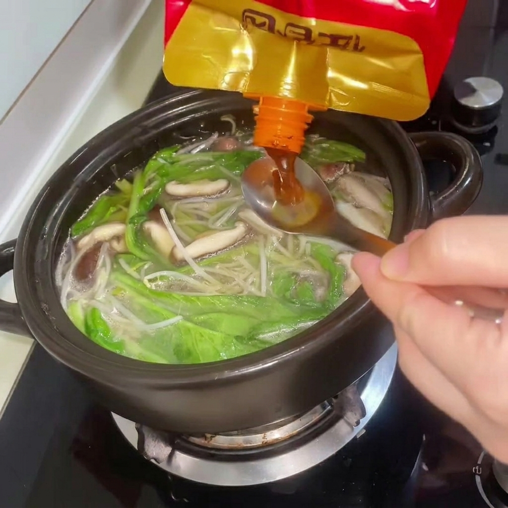 スープにテンジャンを加えて溶かしている様子
