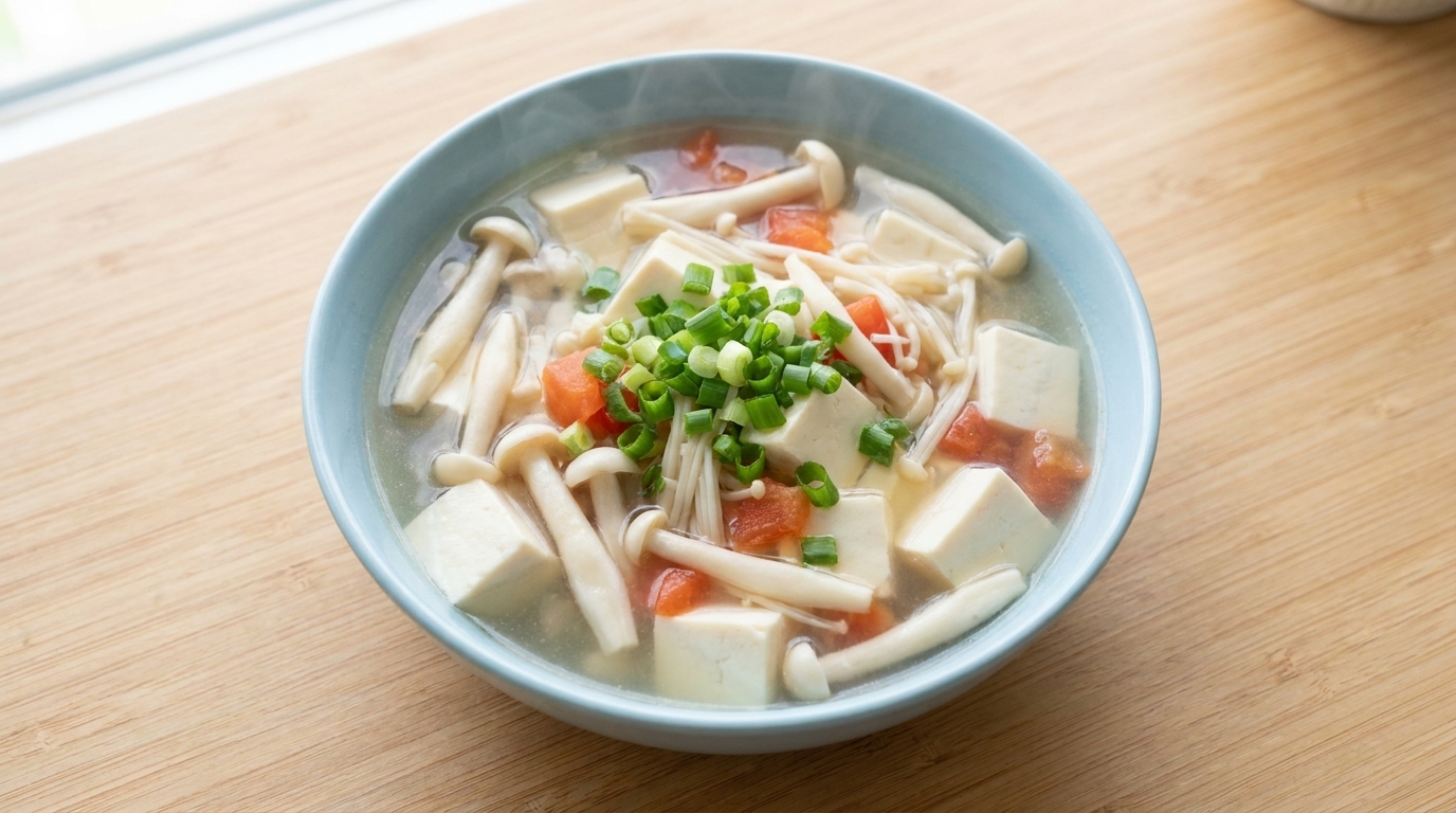 ヘルシーな海鮮キノコと豆腐のスープ