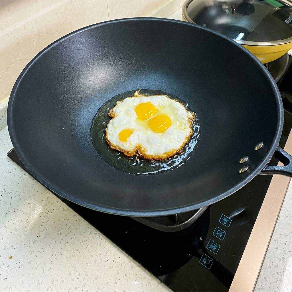 中華鍋の中で焼き上がった卵をひっくり返し、カリッとした黄金色の底面が見えている様子。