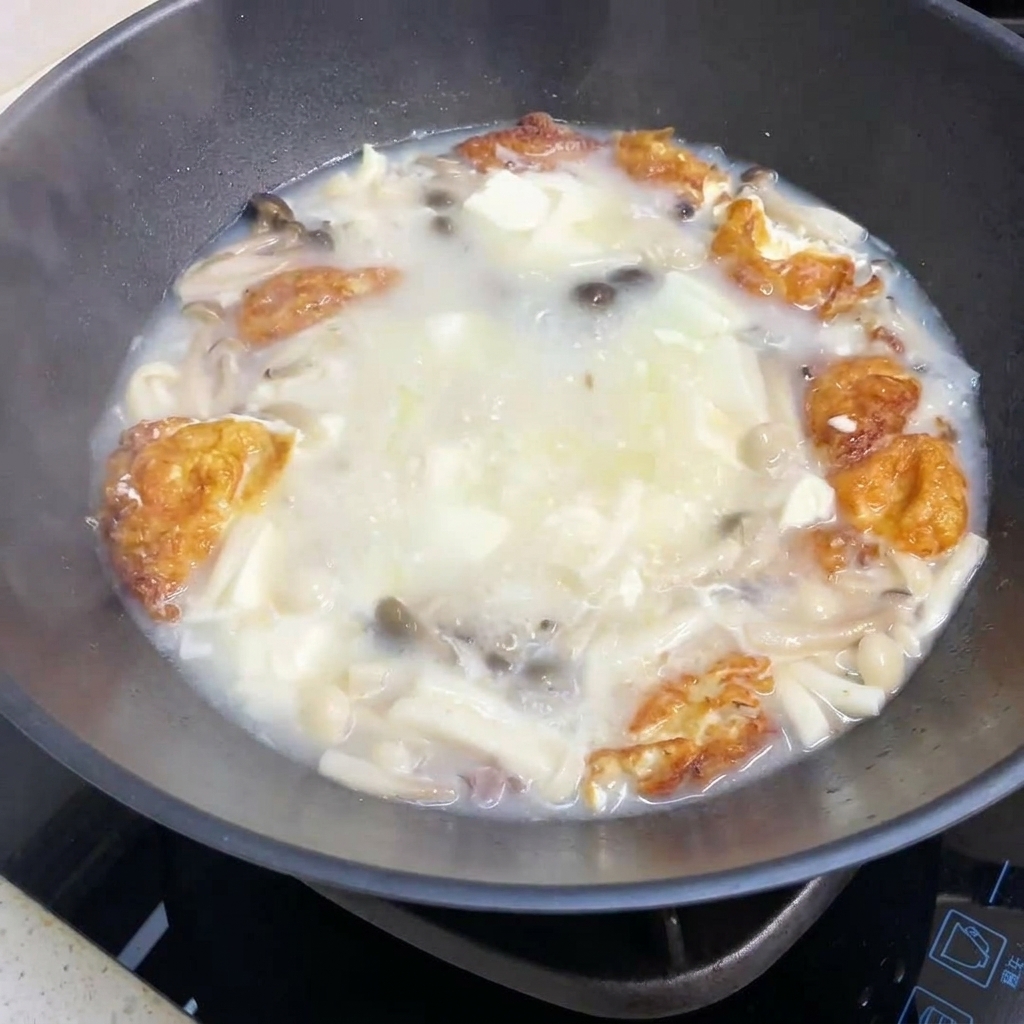 鍋で煮込んでいるキノコと豆腐のスープに、調味料を加えている様子。
