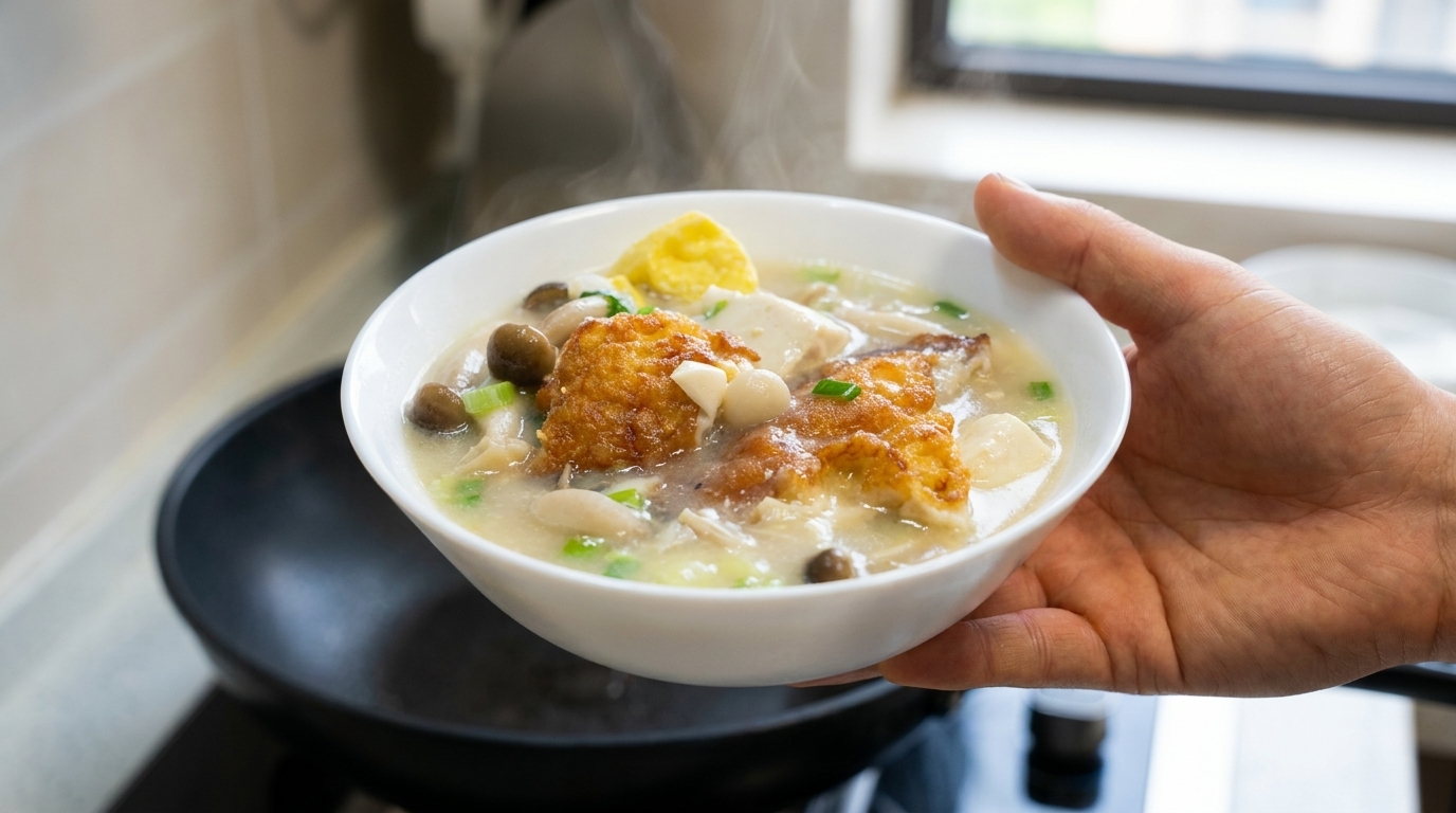 黄金たまごとキノコ、豆腐のスープ