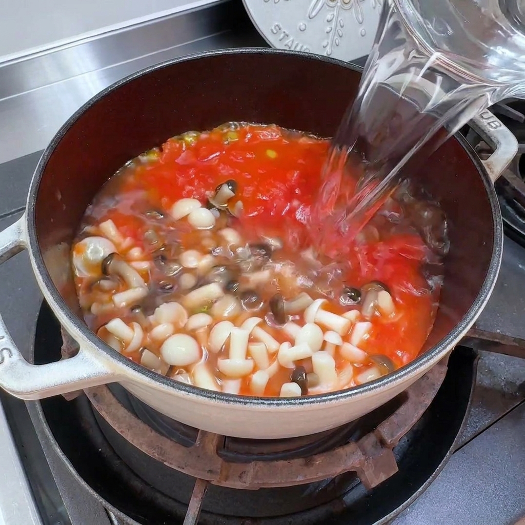ピッチャーから鍋に水を注いでいる様子。