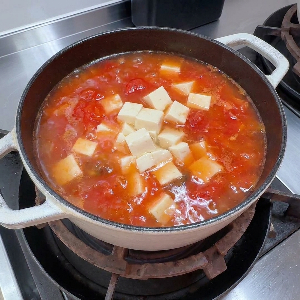 沸騰したトマトとキノコのスープに、サイコロ状の絹ごし豆腐を入れている様子。