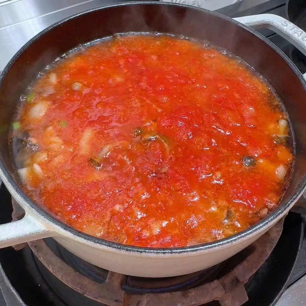 赤いトマトスープが鍋で沸騰している様子。