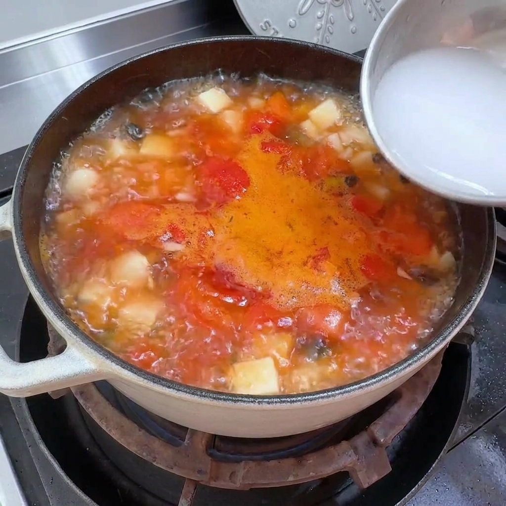 沸騰するトマトスープに、水溶き片栗粉を流し入れている様子。