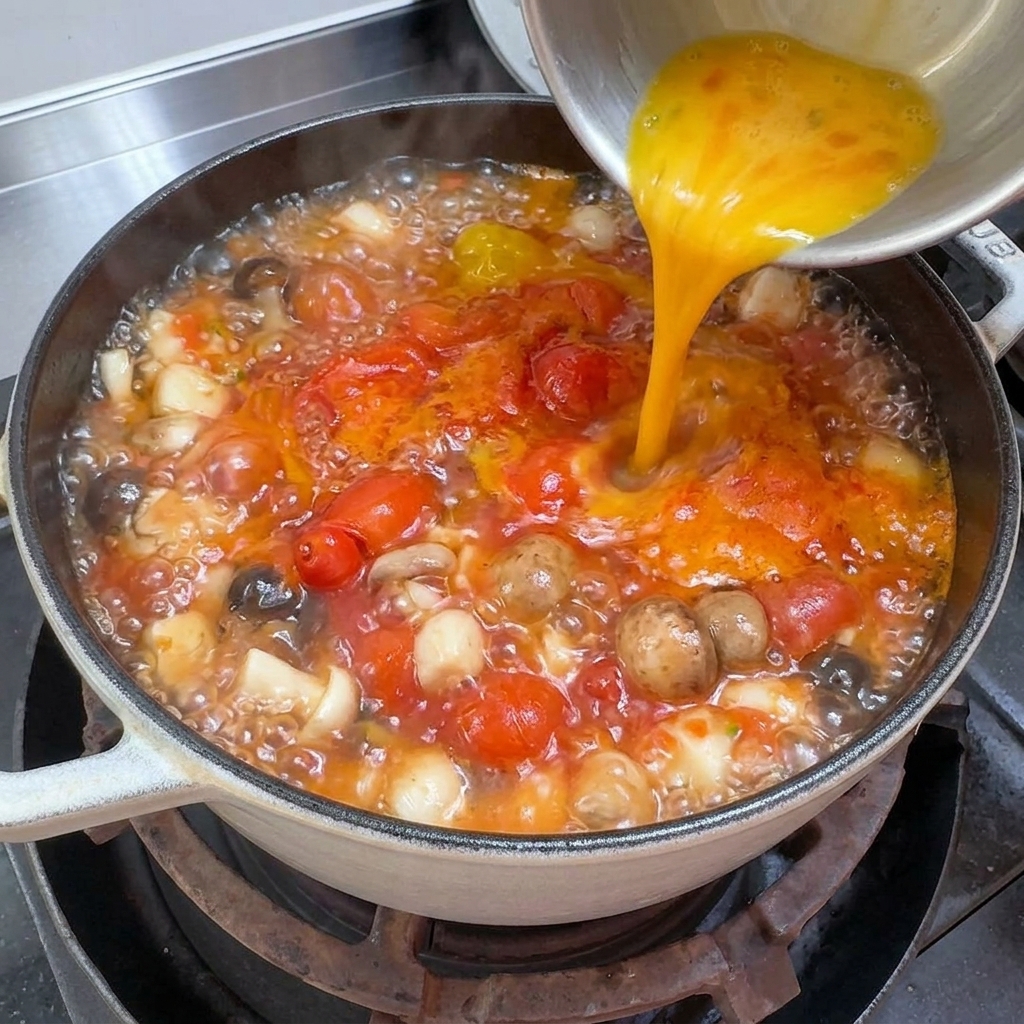 沸騰するトマト豆腐スープに、溶き卵を円を描くように流している様子。