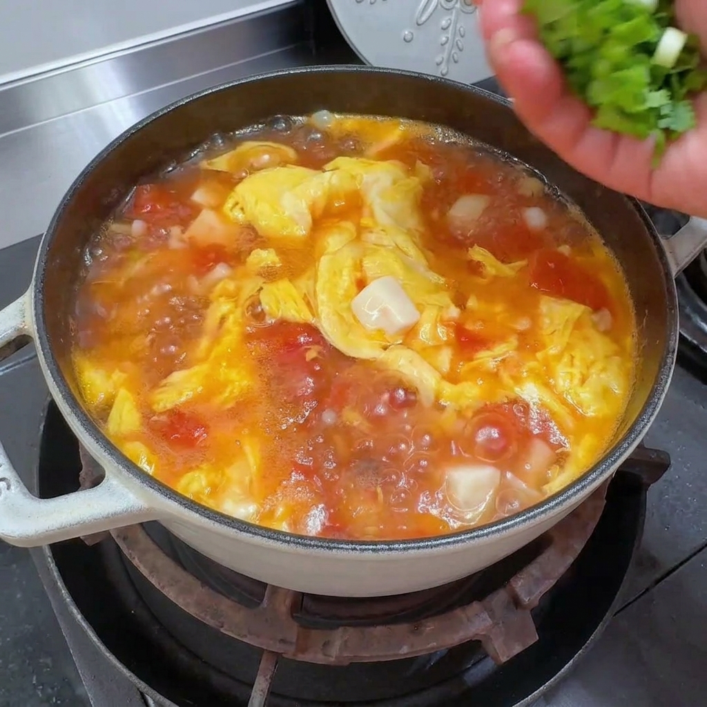 沸騰したスープにフレッシュなパクチーを散らしている様子。