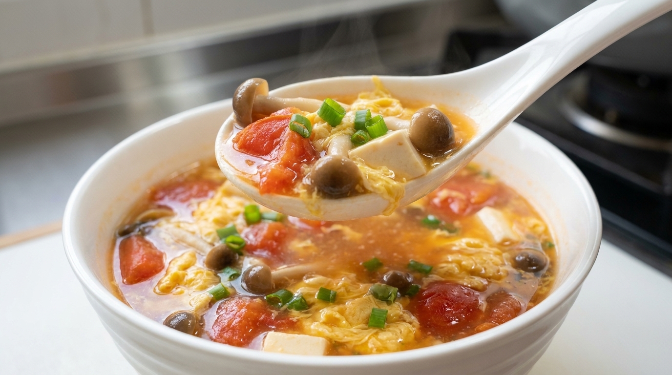 豆腐と刻みネギがたっぷり入った、湯気の立つトマトとキノコの卵スープ。