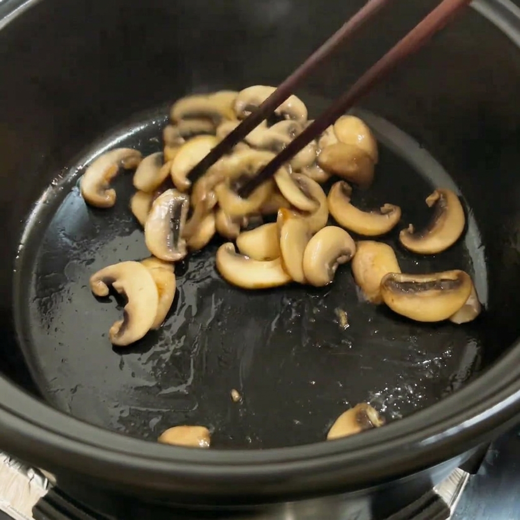 角切りトマトとキノコが鍋の中で一緒に炒められている様子。