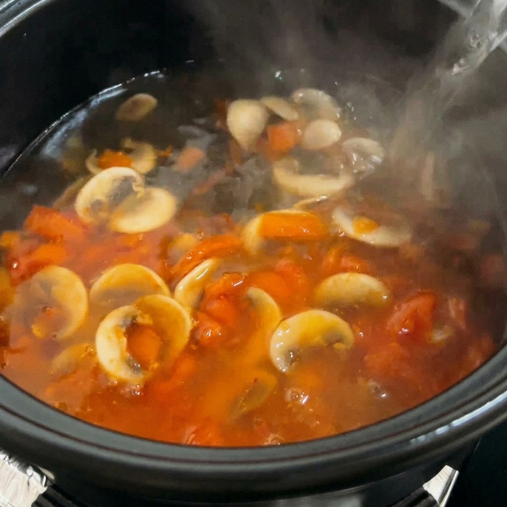 炒めたトマトとキノコの鍋に熱湯を注いでいる様子。