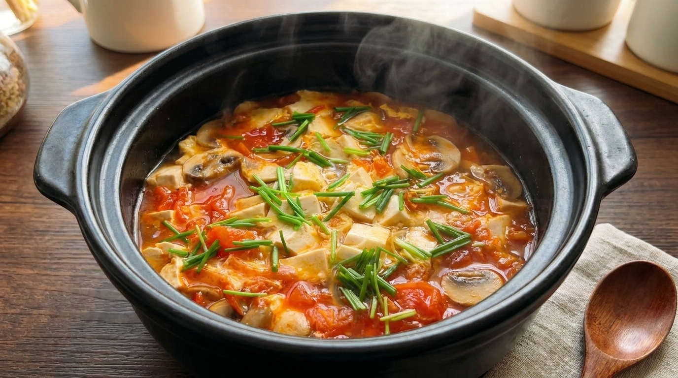 心温まるトマトとキノコ、豆腐のスープ