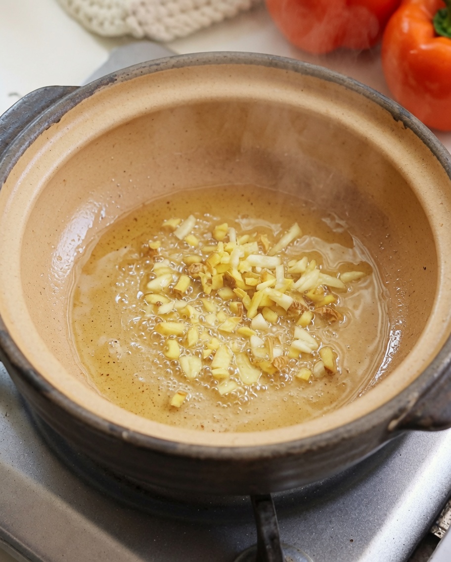 土鍋で生姜とにんにくを炒めている様子。