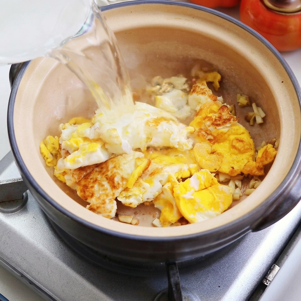 土鍋に水を注いでいる様子。