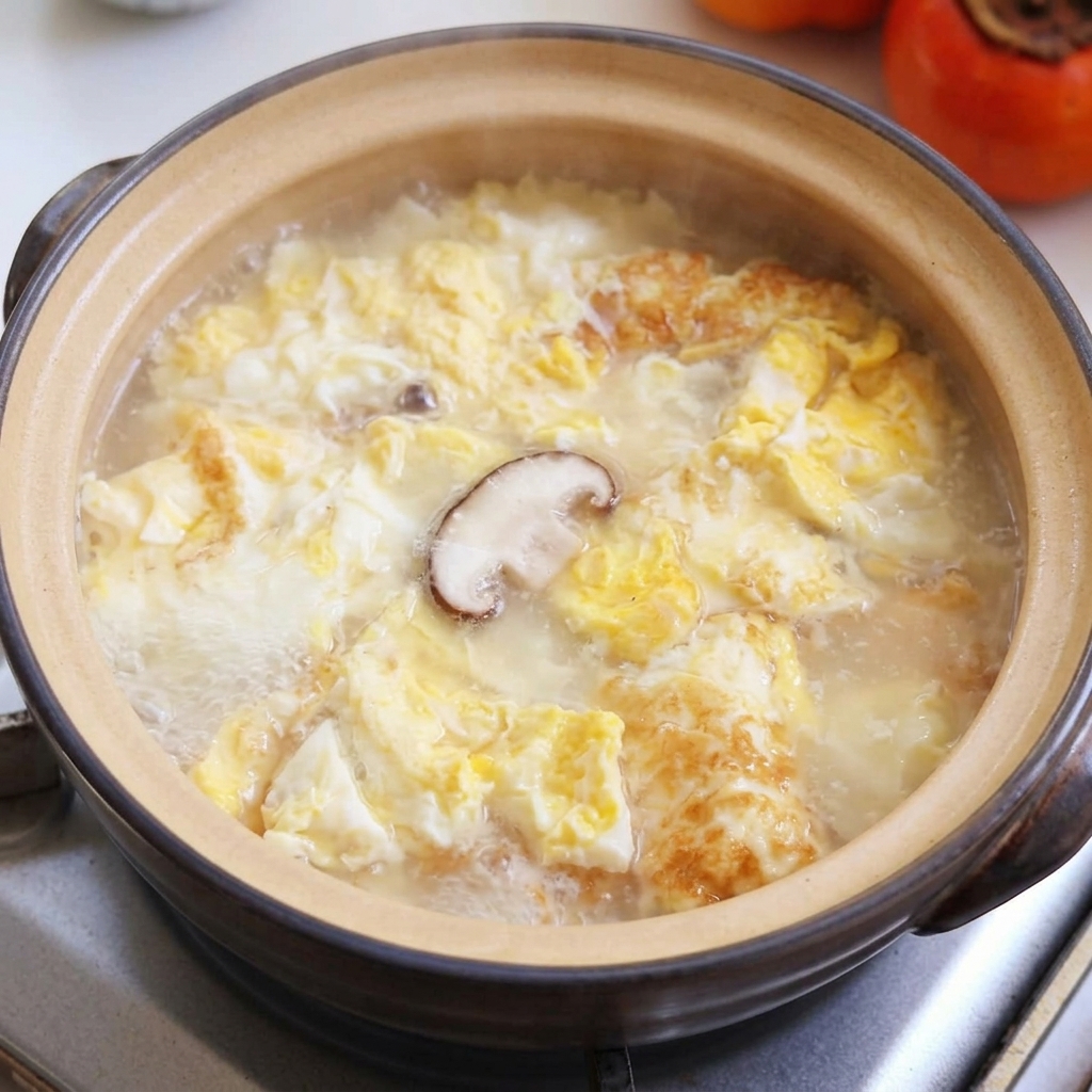 しいたけ、豆腐、あさりを土鍋で煮ている様子。