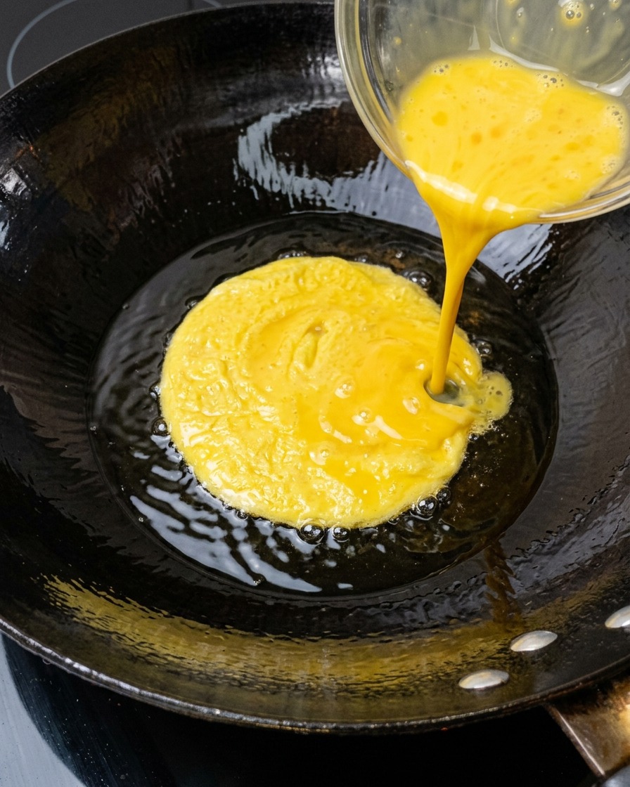 熱した中華鍋で油を使って溶き卵を炒めている様子。