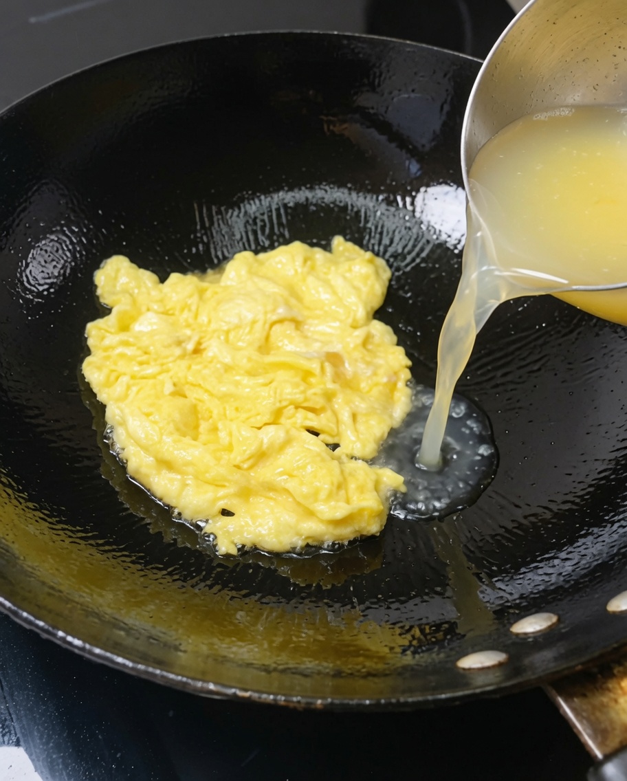 炒めた卵が入った鍋にお湯を注いでいる様子。