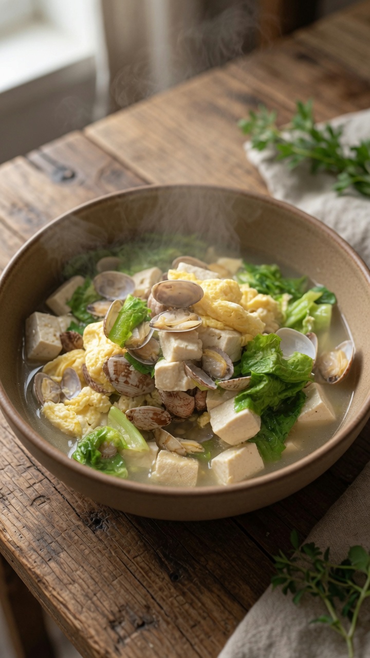 柔らかな豆腐、ふんわりとした卵、そして新鮮なアサリが入った温かいスープの器。