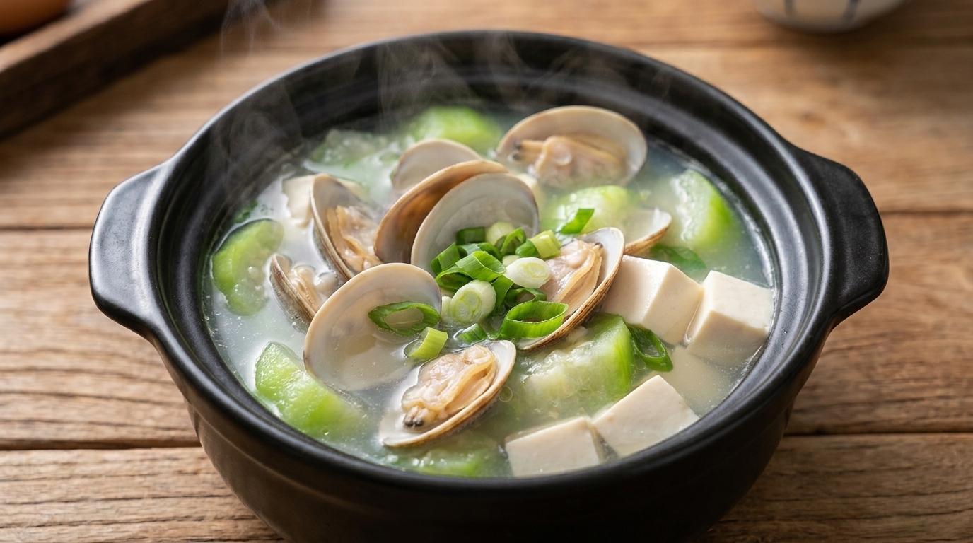 ヘチマとあさりと豆腐がたっぷり入った、澄んだスープの盛り付け例。