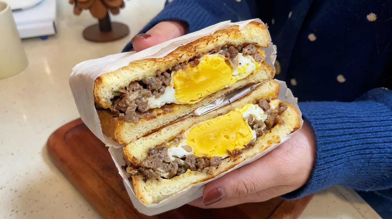 旨味たっぷり！チーズとひき肉の贅沢朝食サンドイッチ