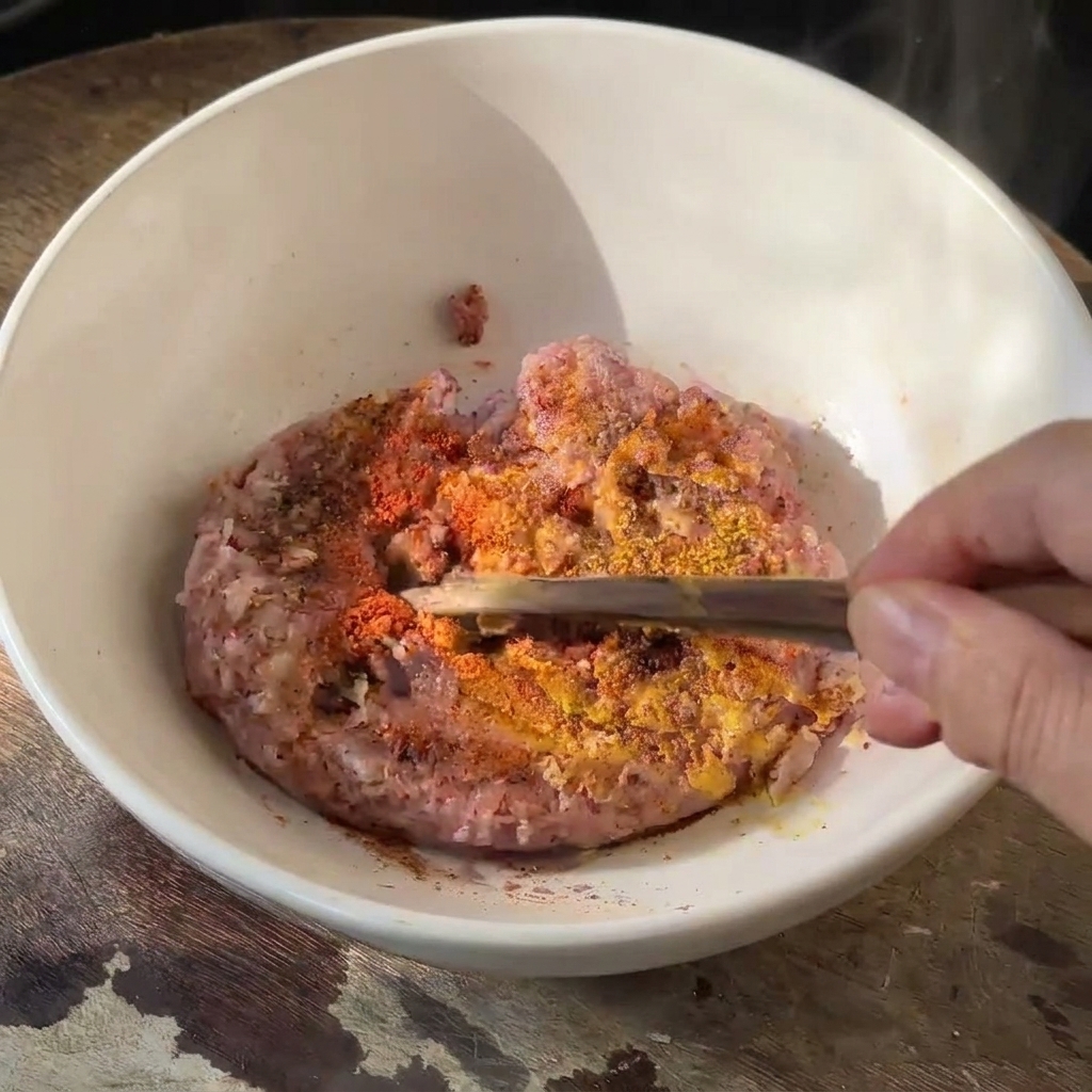 ボウルに入った生の牛ひき肉に、箸を使ってパプリカやスパイスで味付けをしている様子。