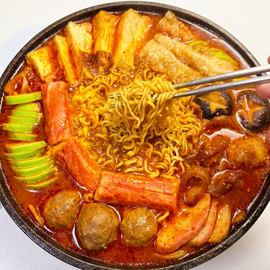 炒めた薬味をベースに、豆腐、つみれ、カニカマ、ズッキーニなどの色鮮やかな具材が円形に配置された鍋。