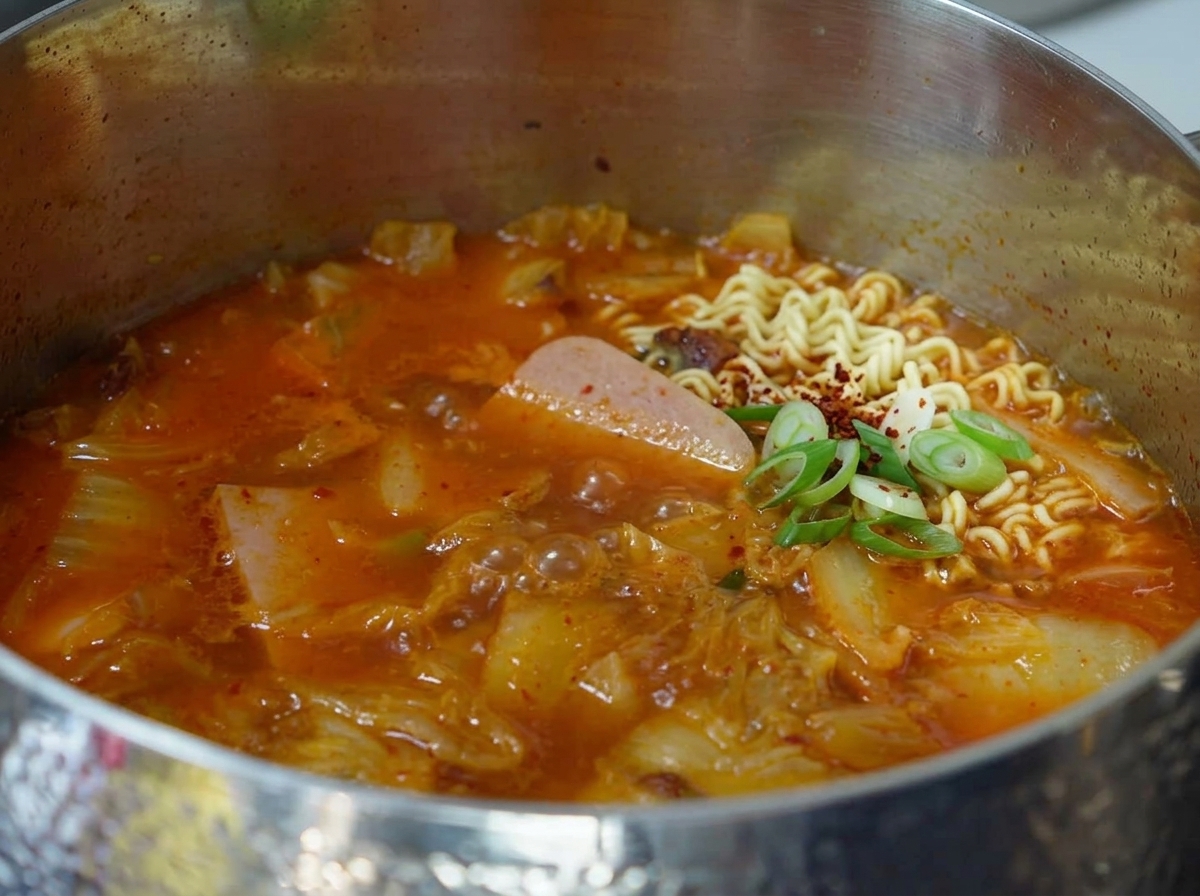 沸騰したスープにラーメンの麺を入れる様子。