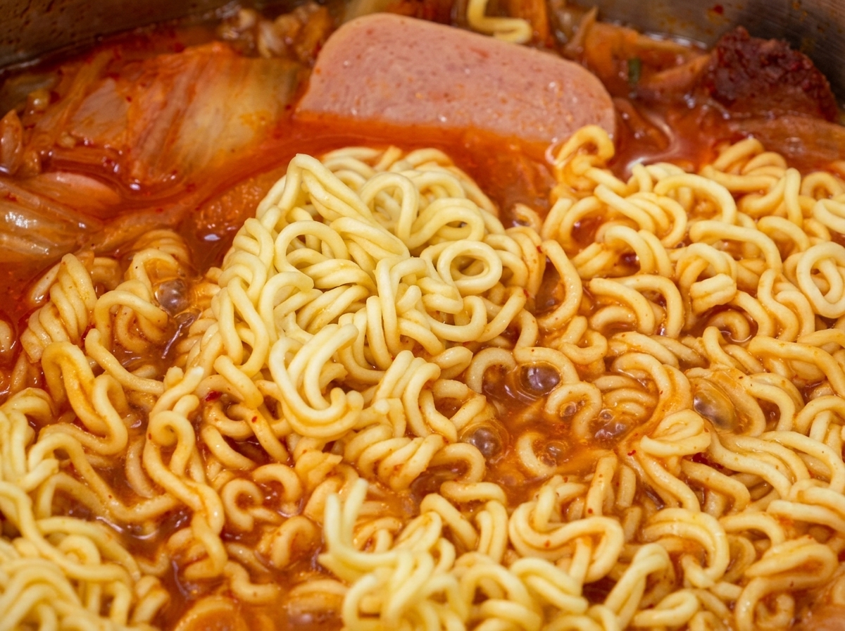 トングを使って麺をスープになじませている様子。