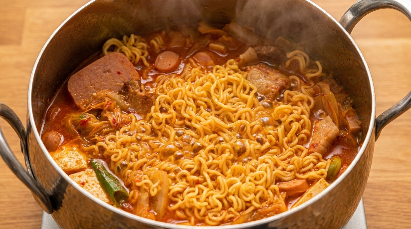 ラーメン、スパム、ソーセージ、豚バラ肉がたっぷり入った、ぐつぐつと煮える真っ赤なプデチゲ。