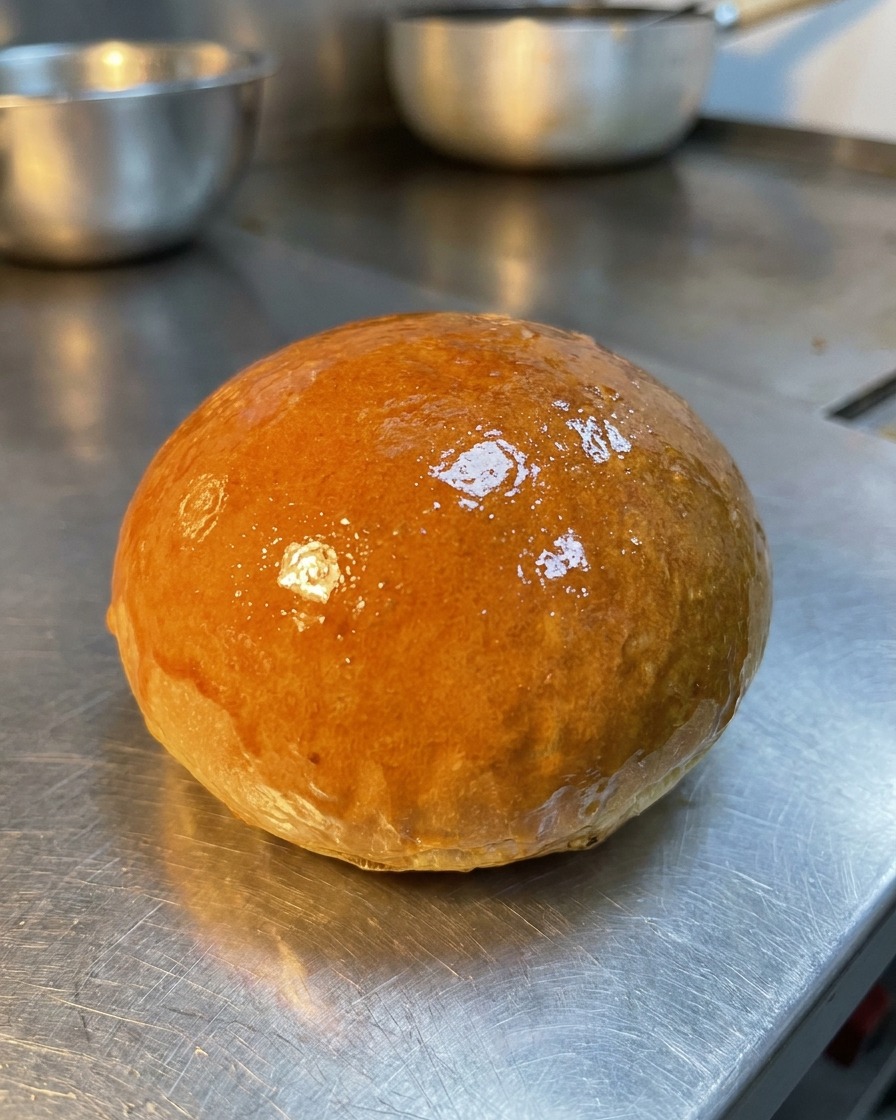 鉄板でバターを塗り、きつね色に焼いているバーガーバンズの断面。