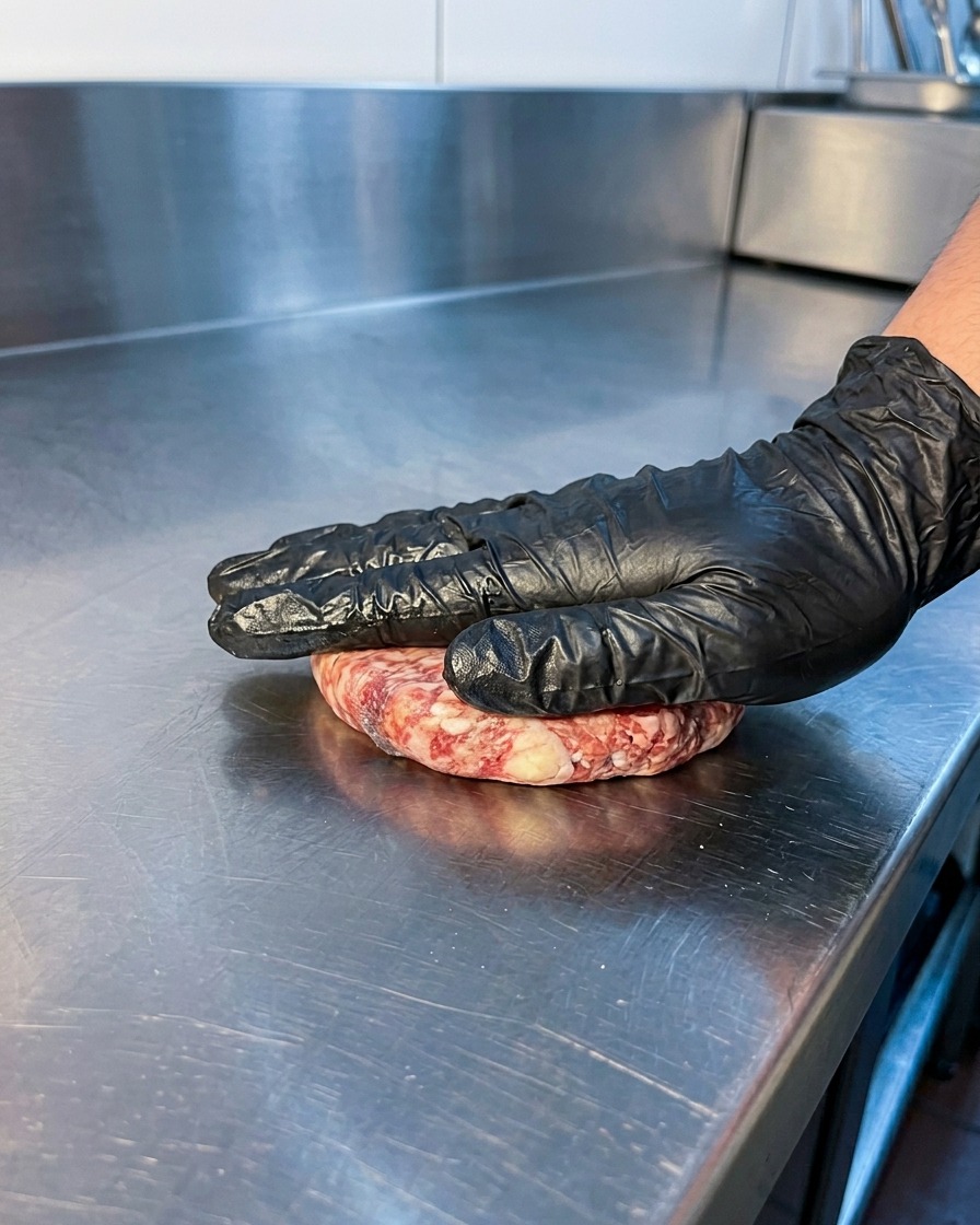 手袋をした手が、熱いステンレス製の鉄板の上に生肉のパティを押し付けている様子。