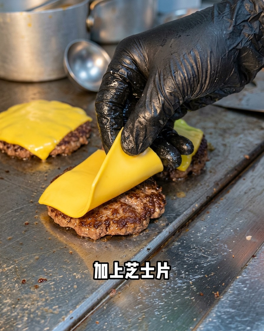 鉄板で焼いているビーフパティの上に、イエローチーズのスライスをのせている様子。