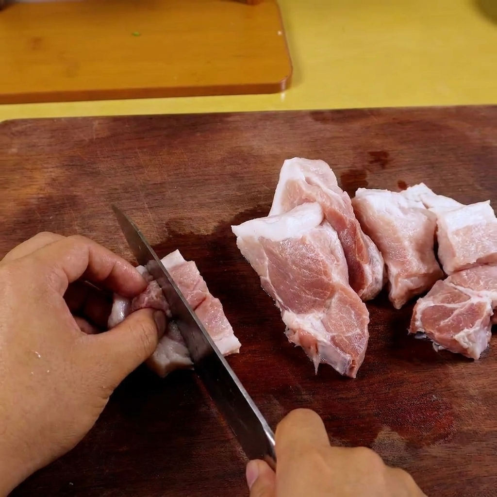 フードプロセッサーの中で細かくミンチされた豚肉。