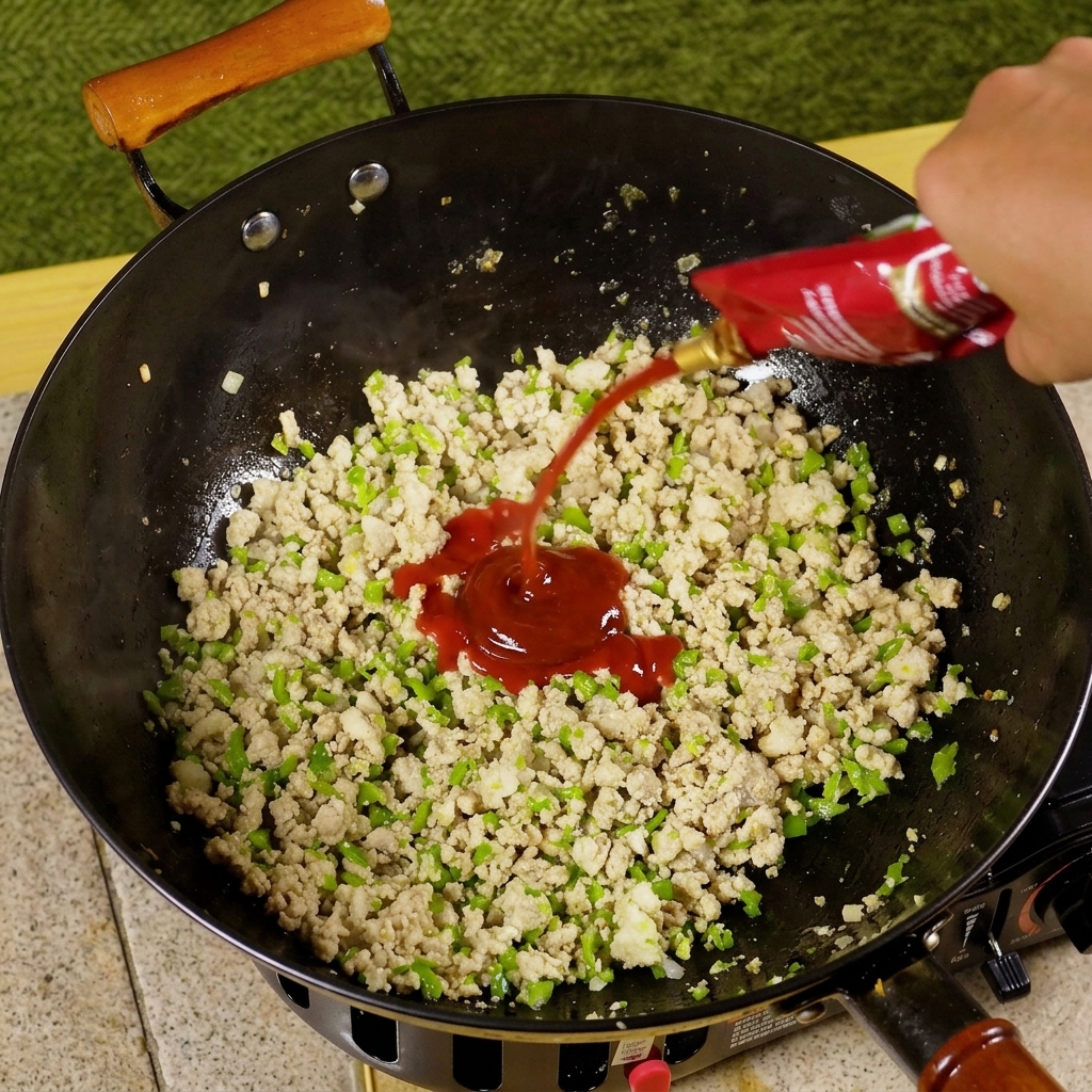 トマトペーストと調味料が加えられ、炒めた肉と混ざり合うフライパン。