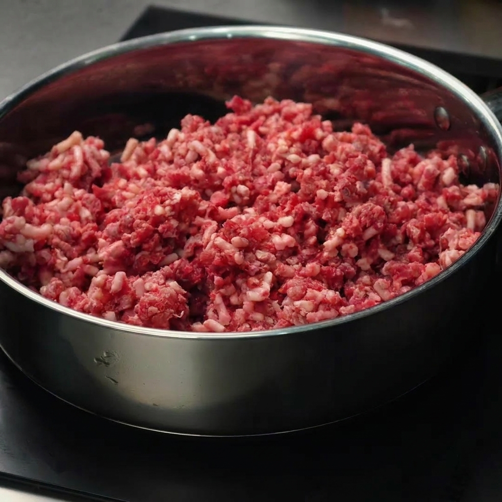 フライパンで牛ひき肉を焼き色がつくまで炒めている様子。